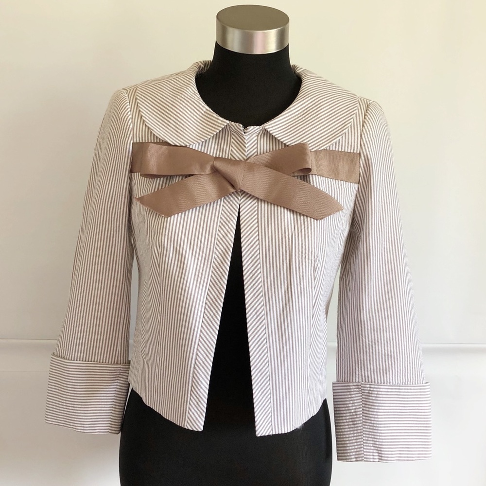 Zara White and Brown Cropped Blazer with Bow Front